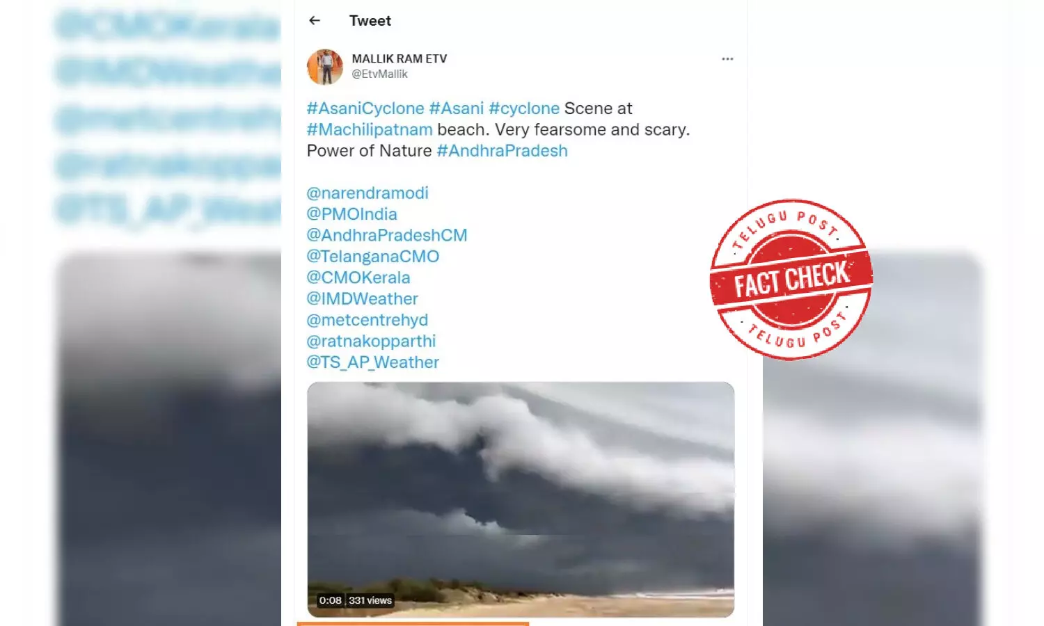 Video showing stormy clouds near coastal area, is not from Machilipatnam or Penumaka or of Asani cyclone