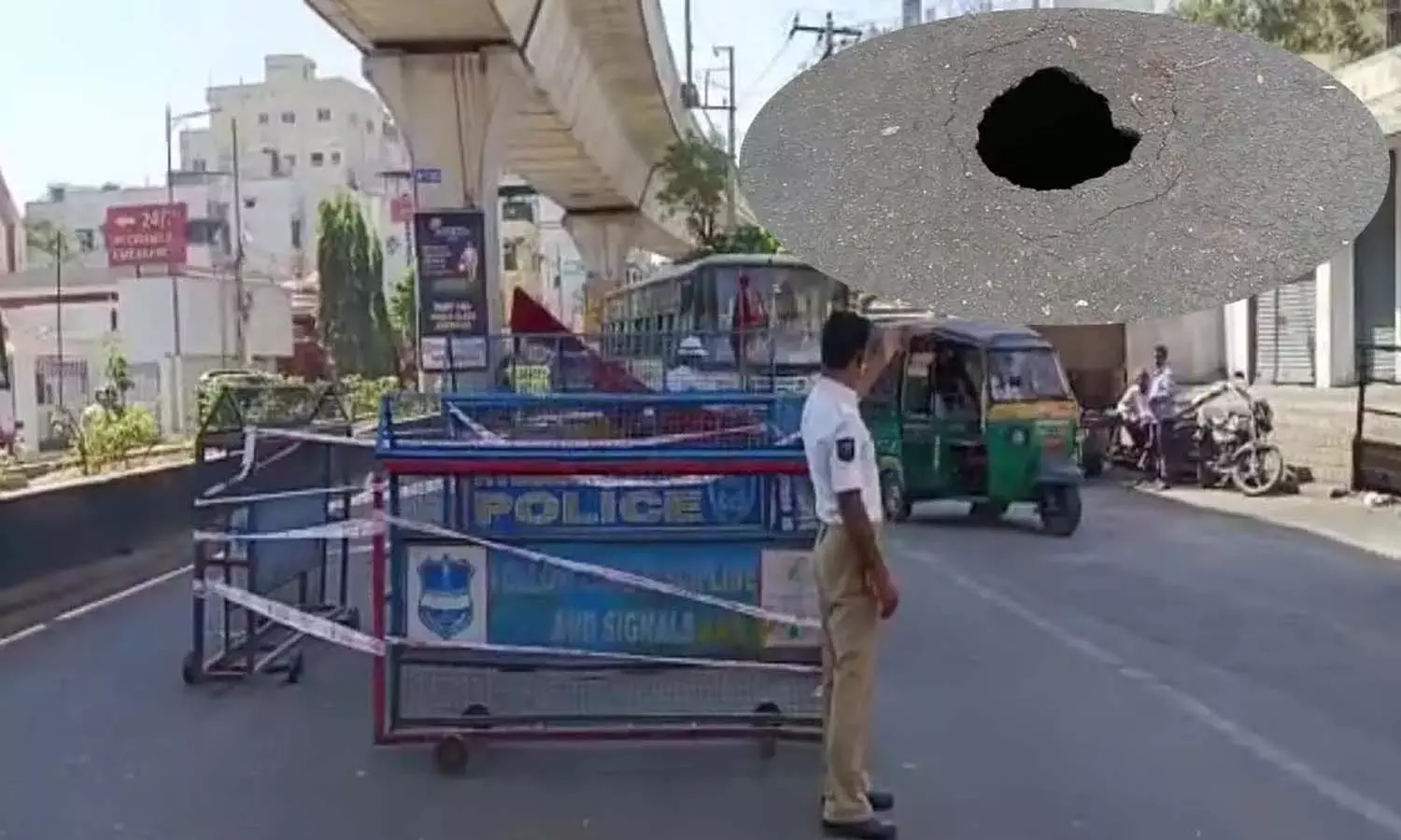 road collapsed, hole, hyderabad