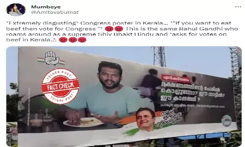 Fact Check: Viral image of a hoarding claiming that Congress is asking votes in exchange of the freedom to eat beef in Kerala is false