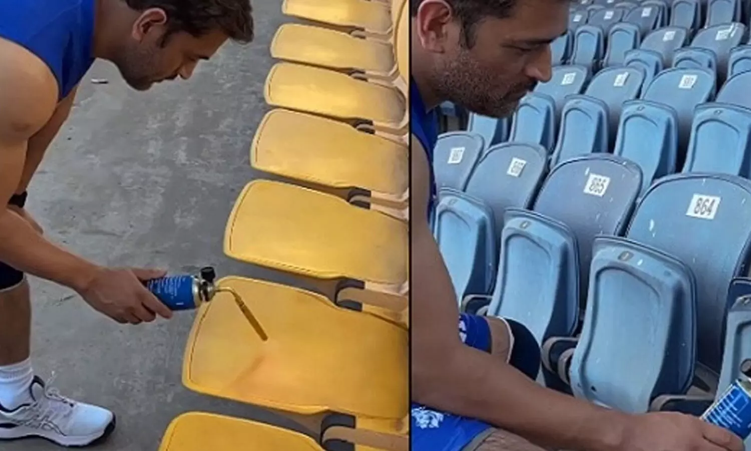 స్టేడియంలో కుర్చీలకు కలర్ వేస్తున్న ధోనీ
