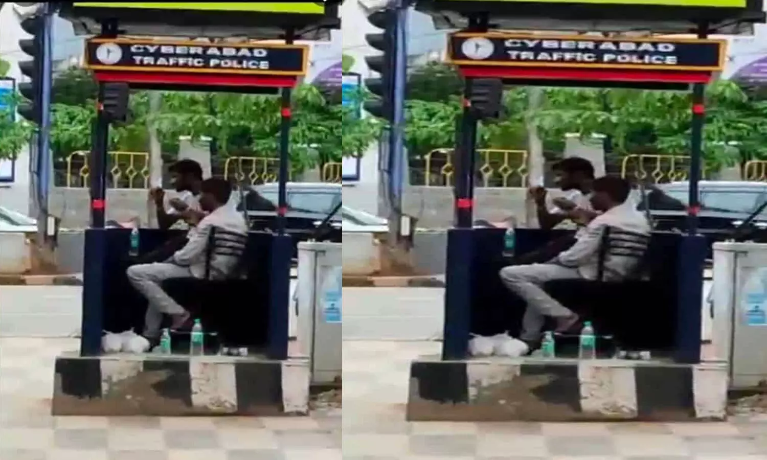 మాదాపూర్ ట్రాఫిక్ బూత్ లో మందుబాబుల హంగామా