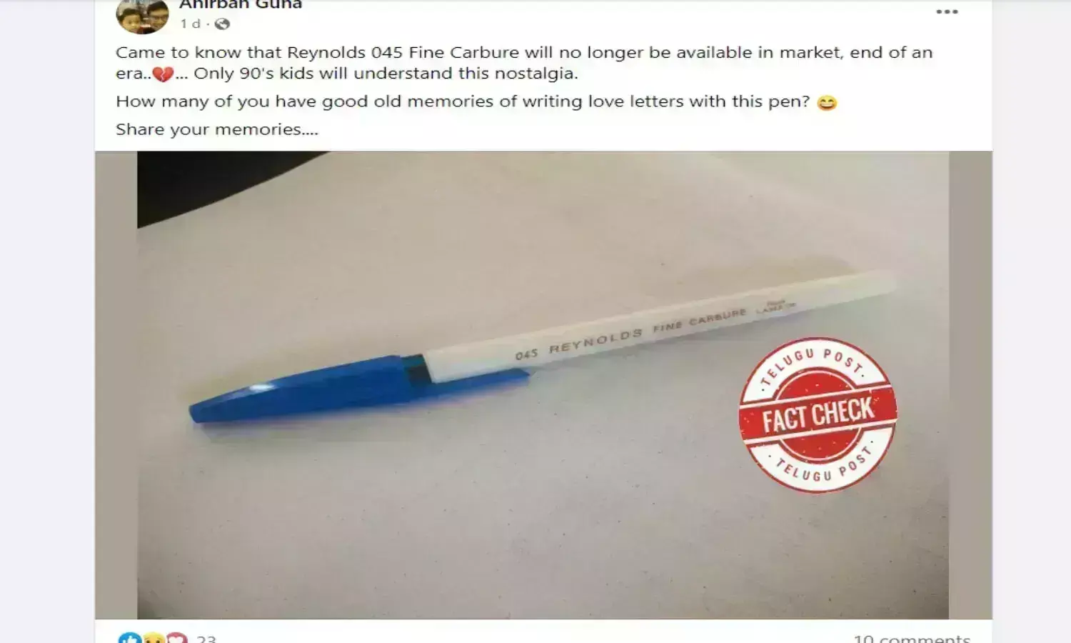90s era, reynolds 045 fine carbure pen, reynolds, 90s student, fact check, urdu fact check, telugu post,