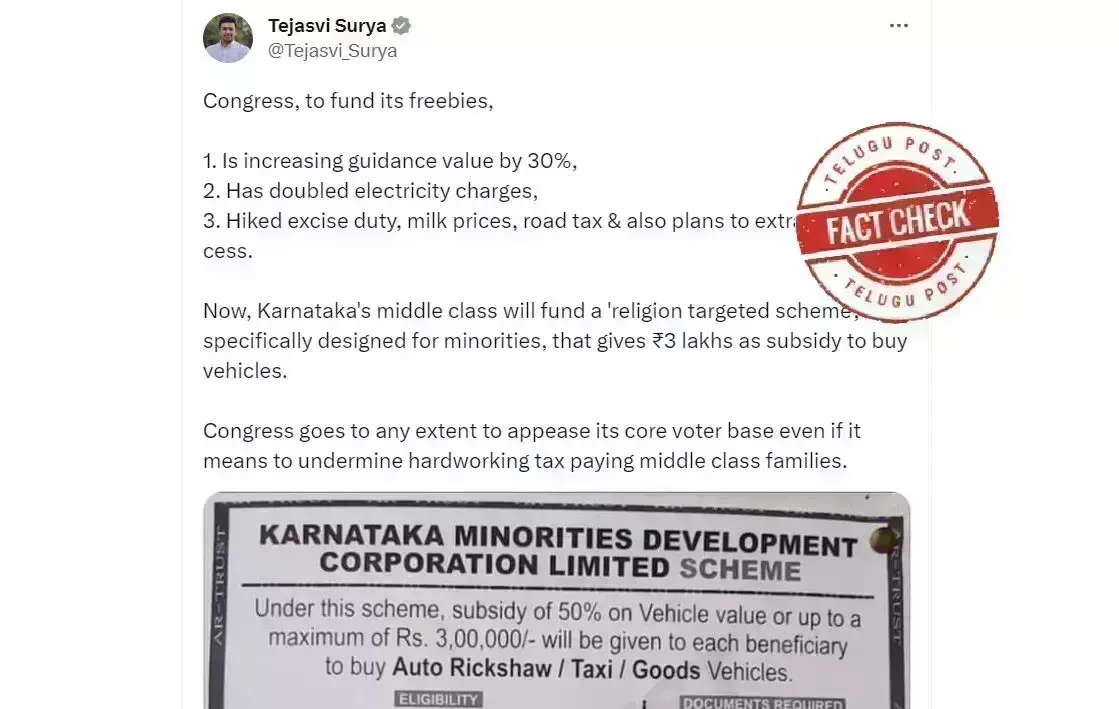 Karnataka Govt, Karanataka Congress, Tejasvi Surya, scheme, subsidy loan, Urdu fact check, telugupost, self employment, minorities,