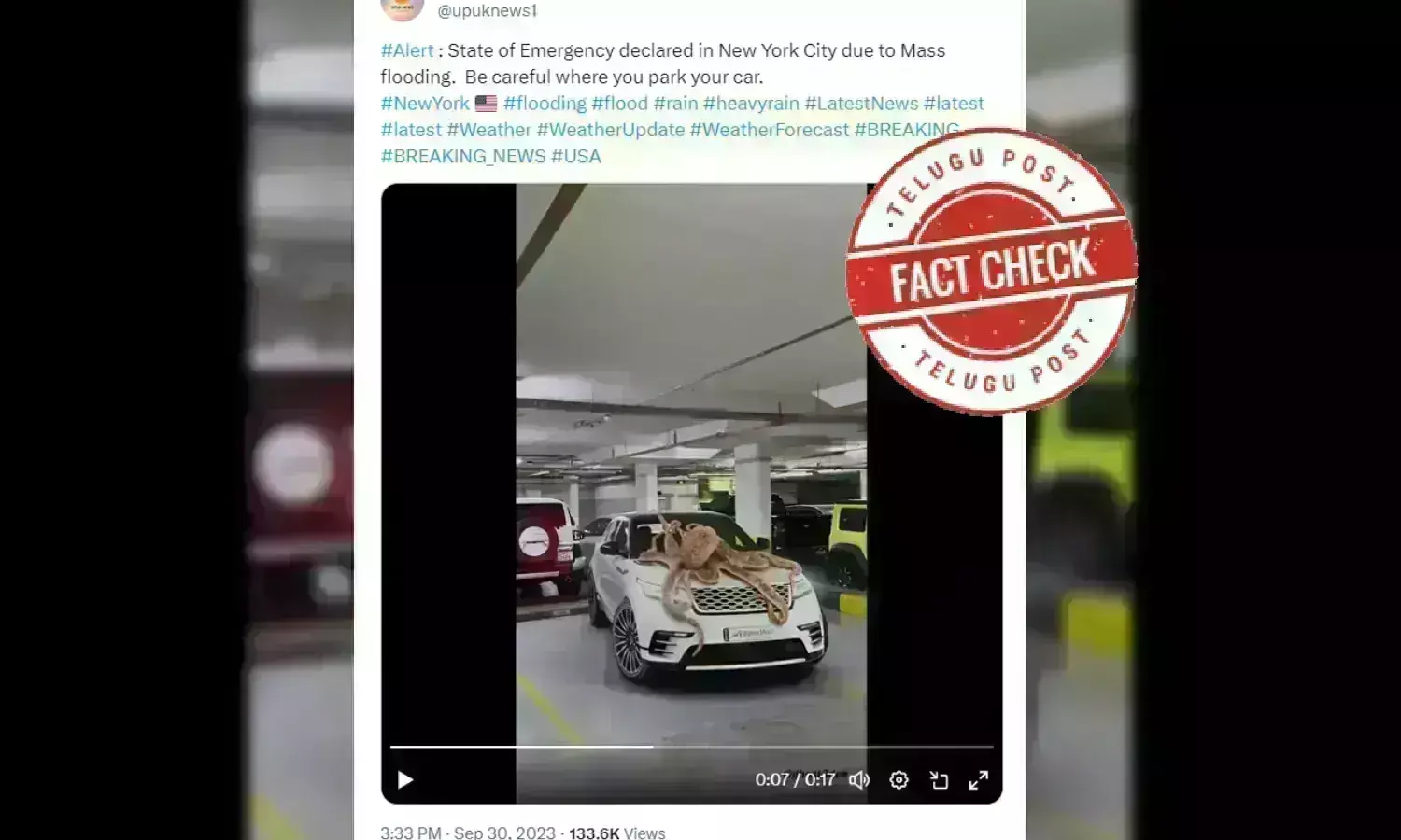Flood in Newyork, Big Octopus, Octopus destroying car, viral video, urdu fact check, telugupost, CGI, animated video,