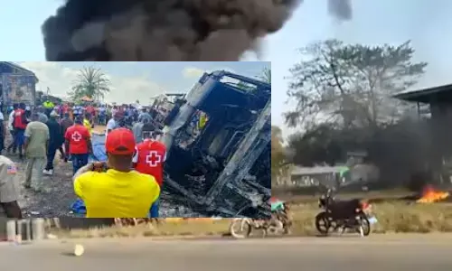 Liberia petrol tank explodes, Petrol tanker exploded in liberia, 40 people in liberia, free petrol, people hit the tanker. Petrol tank accident