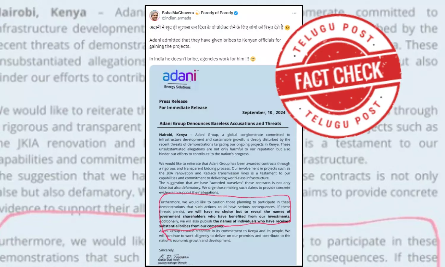 Adani group threatens Kenyan officials, Kenyan officials bribed, Adani releases press note, Adani group did not admit to giving bribes, Adani group updates