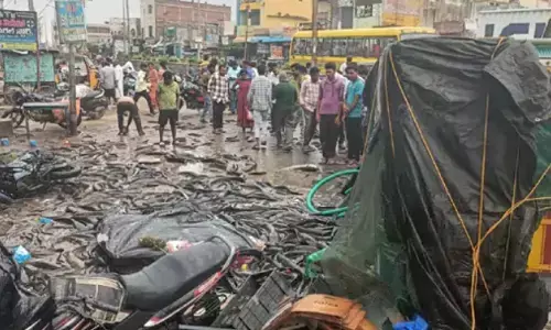 lorry  overturned, fish load, on road, mahabubabad district