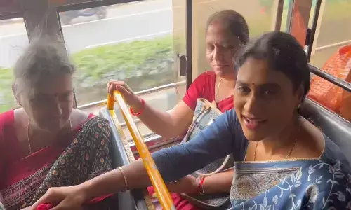 ys sharmila, ap congress chief, free bus in andhra pradesh, ys sharmila said that free bus travel for women should be implemented in andhra pradesh, ys sharmila latest updates today, sharmila travel in ap free bus, ap latest congress news today