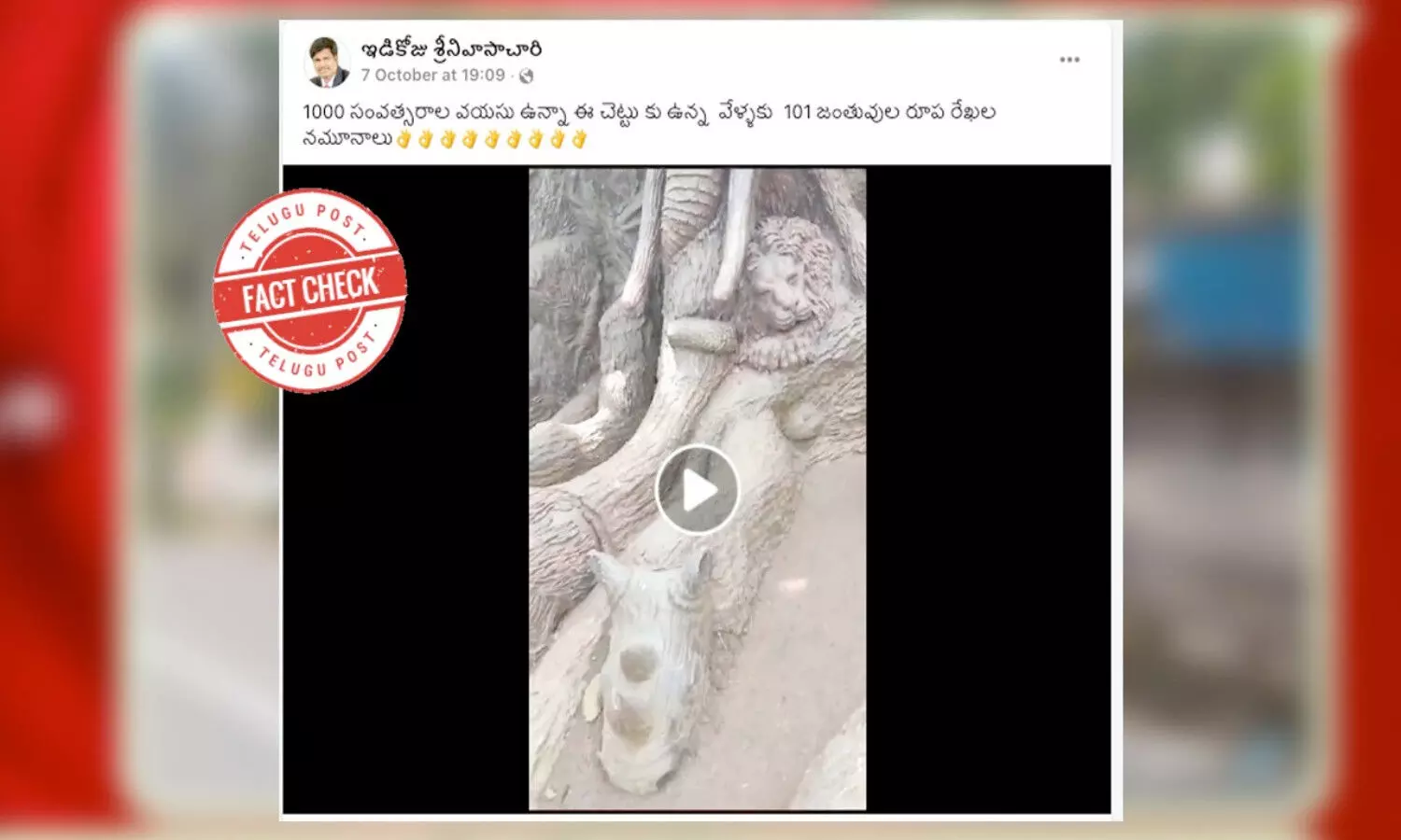 ఫ్యాక్ట్ చెక్: 1000 సంవత్సరాల వయసు ఉన్న చెట్టుకు సహజంగా జంతువుల ముఖాలు వచ్చాయంటూ జరుగుతున్న ప్రచారంలో ఎలాంటి సంబంధం లేదు.