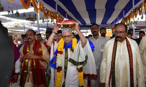 Telangana Governor Jishnu Dev Varma attends Sri Rama Pattabhishekam at Bhadrachalam Temple with spiritual reverence