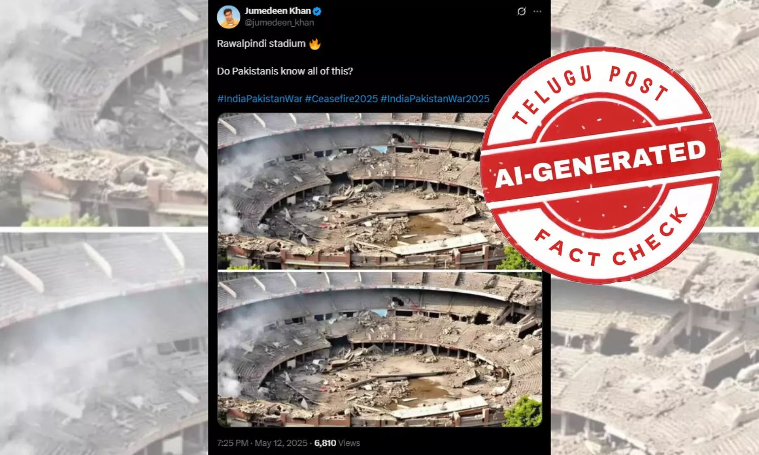 AI generated image has been peddled to falsely show Rawalpindi Cricket Stadium in ruins after the Indian attack
