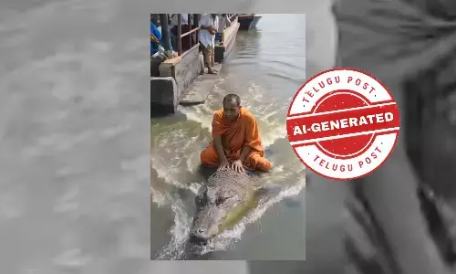 The video of a monk sitting on a crocodile was generated using AI