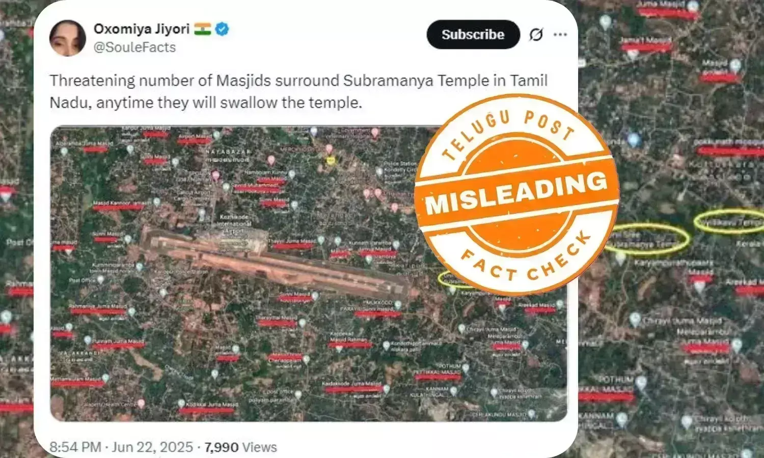 فیکٹ چیک: تمل ناڈو کے سبرامنیہ مندر کے اردگرد مسجدوں کی موجودگی کا دعویٰ گمراہ کن، وائرل تصویر دراصل کیرلہ کی ہے