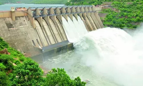 floodwater, three gates lifted, srisailam project, andhra pradesh