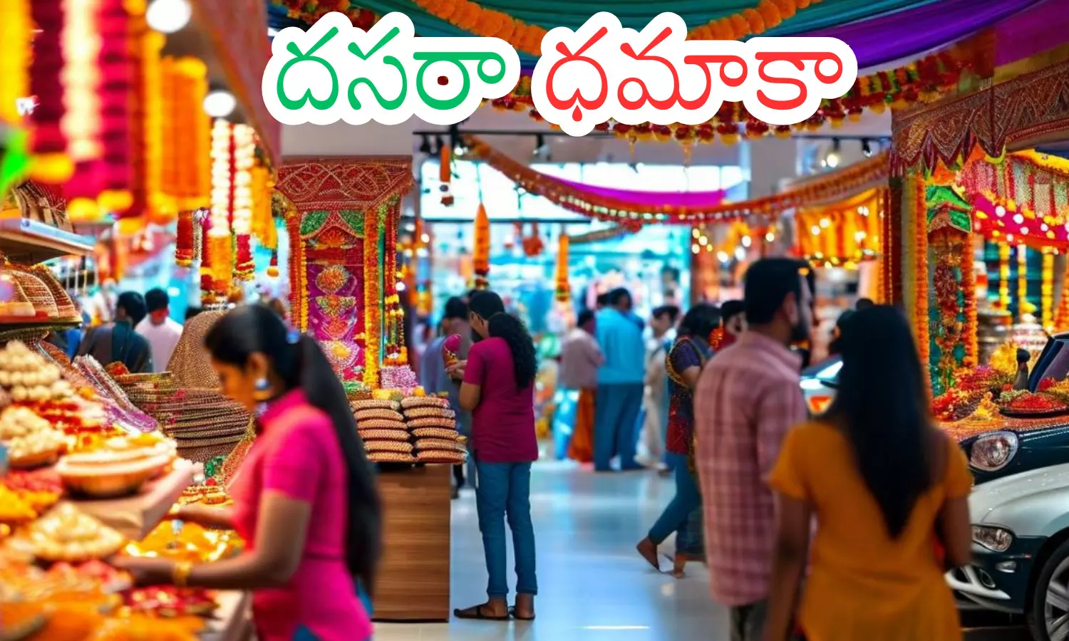 crowds shopping for cars and electronics during dussehra sales in india after GST discounts.