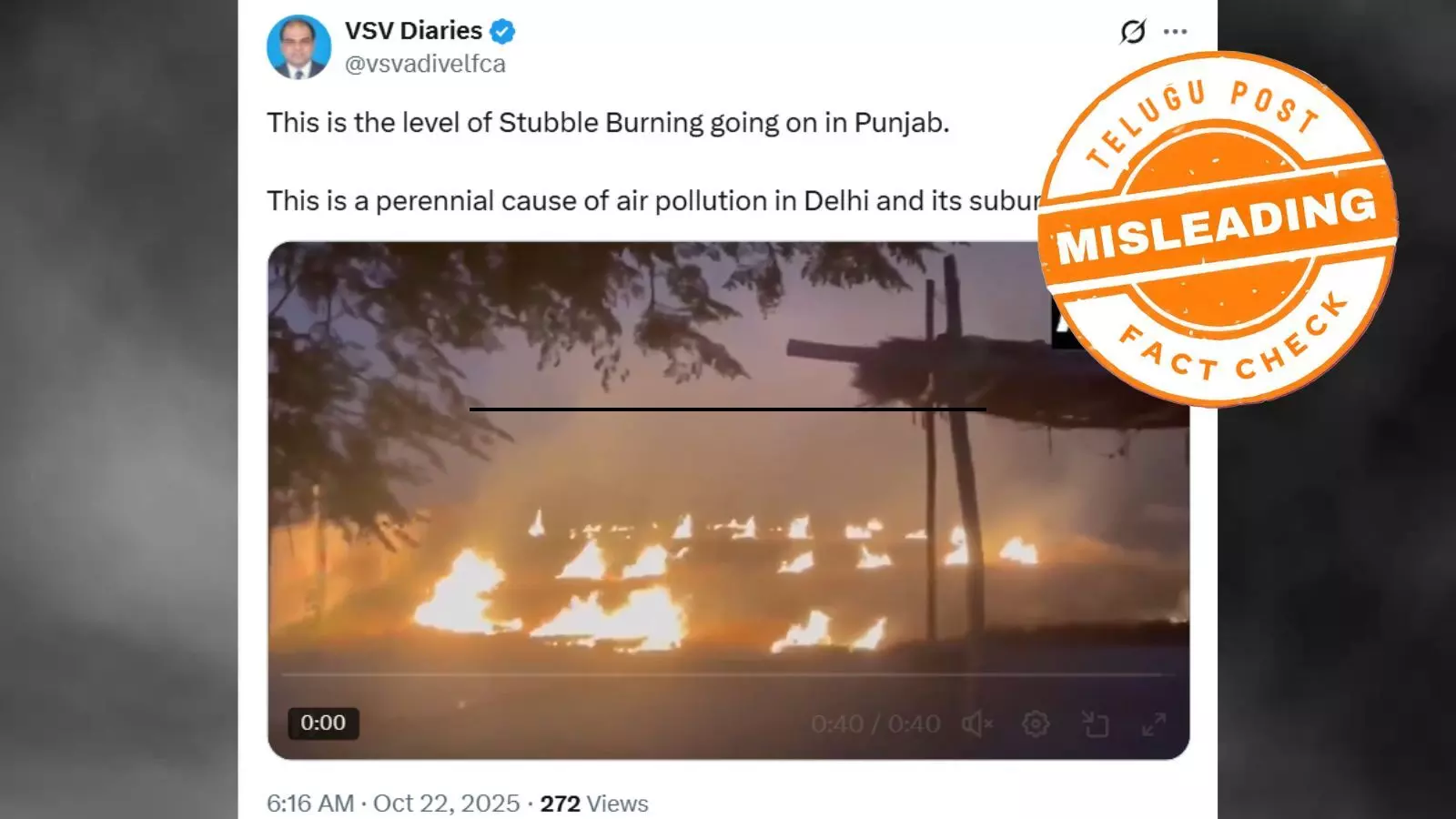Screenshot of viral post claiming Punjab stubble burning caused Delhi air pollution – fact check