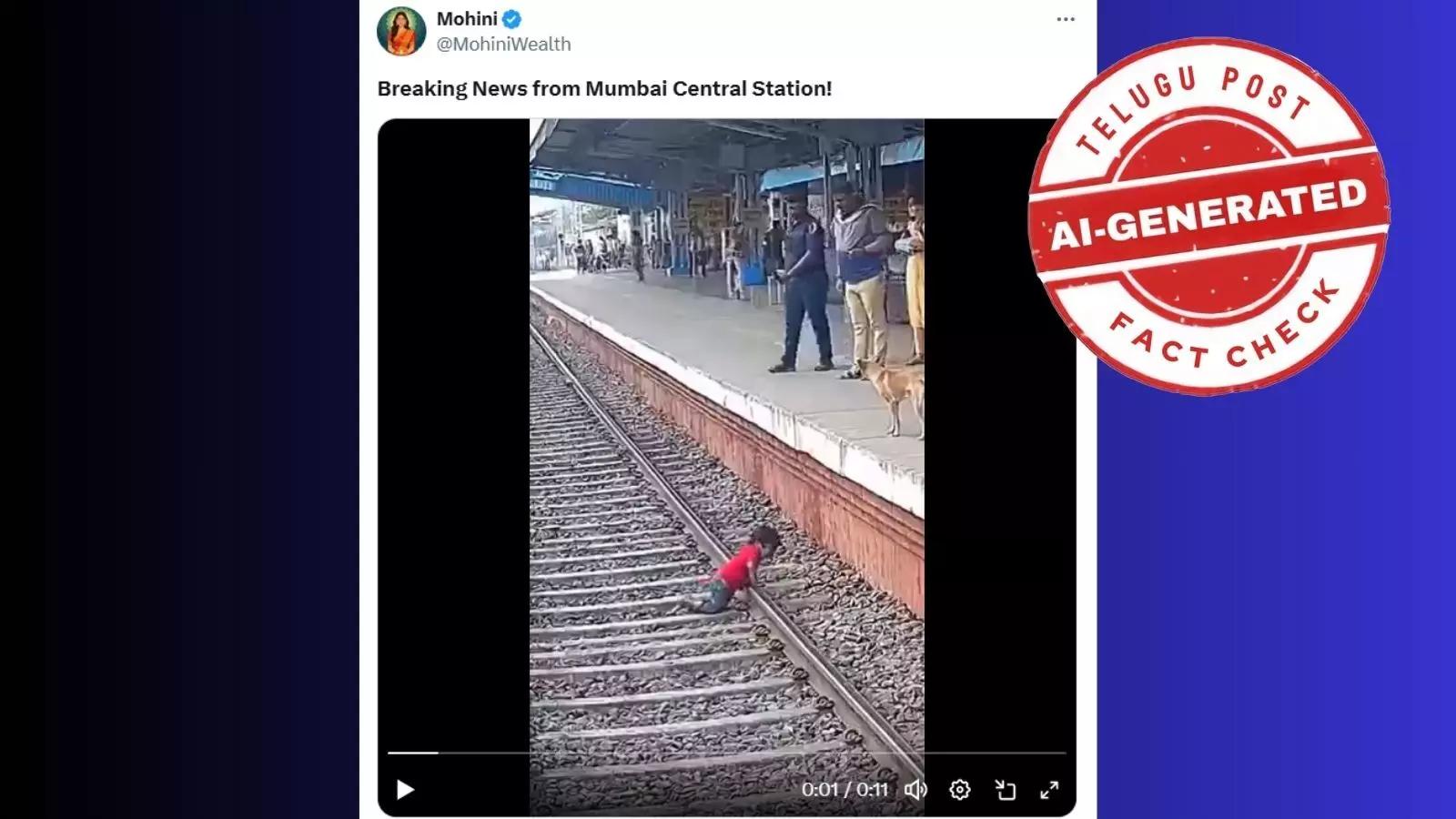 Screenshot of viral post claiming a dog rescued a child at Mumbai Central Station — fact check reveals AI-generated video Screenshot of viral post claiming a dog rescued a child at Mumbai Central Station — fact check reveals AI-generated video
