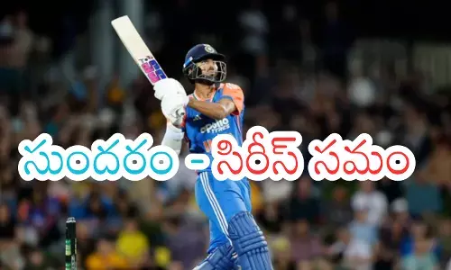 Washington Sundar celebrates after leading India to victory over Australia in T20 match at Ninja Oval