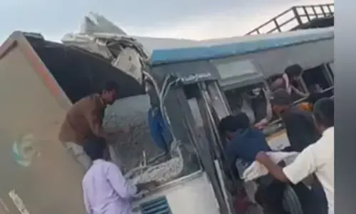 CCTV footage reveals the sequence of the Mirzaguda RTC bus accident near Chevella where around 20 passengers were feared dead after a gravel truck hit the bus.