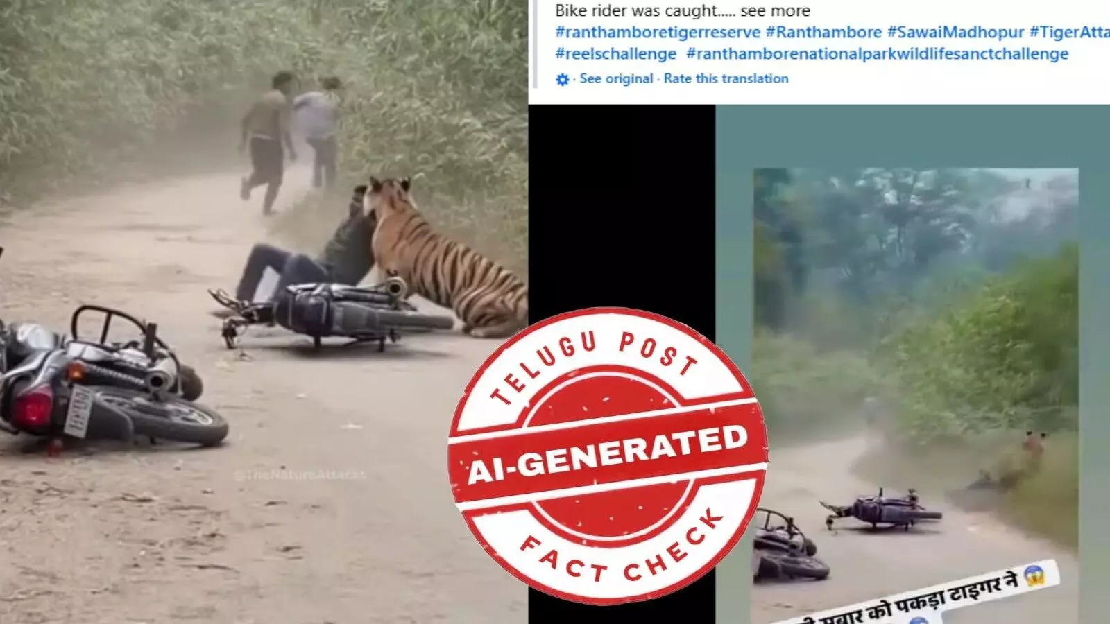 ఫ్యాక్ట్ చెక్: బైక్ మీద వెళుతున్న వ్యక్తిపై పులి దాడి చేస్తున్న వీడియో నిజమైనది కాదు. ఏఐ ద్వారా సృష్టించారు ఫ్యాక్ట్ చెక్: బైక్ మీద వెళుతున్న వ్యక్తిపై పులి దాడి చేస్తున్న వీడియో నిజమైనది కాదు. ఏఐ ద్వారా సృష్టించారు