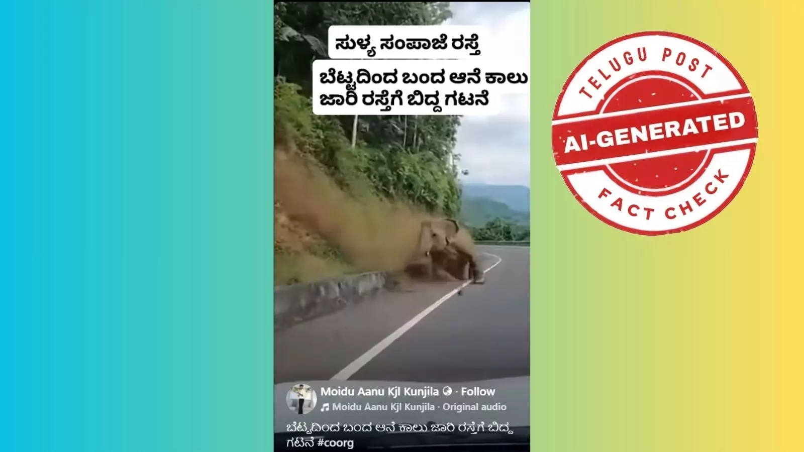 Screenshot of viral post claiming an elephant slipped on the Sullia–Sampaje road – fact check of AI-generated video Screenshot of viral post claiming an elephant slipped on the Sullia–Sampaje road – fact check of AI-generated video