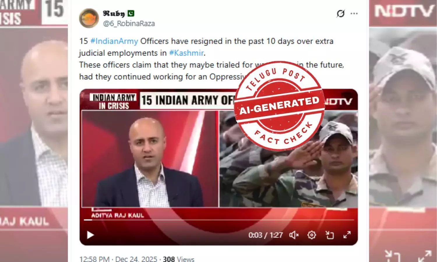 ഫാക്ട് ചെക്ക്: കാശ്മീരിൽ സൈനികരുടെ കൂട്ടരാജിയെന്ന പ്രചാരണം വ്യാജം ഫാക്ട് ചെക്ക്: കാശ്മീരിൽ സൈനികരുടെ കൂട്ടരാജിയെന്ന പ്രചാരണം വ്യാജം