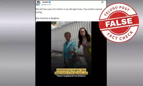 Screenshot of viral video showing a woman taking her elderly mother to an old age home, falsely shared as a real incident