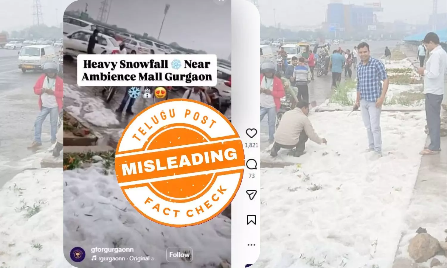 Screenshot of viral video falsely claiming snowfall near Ambience Mall in Gurugram, actually showing hailstorm from March 2023 – fact check