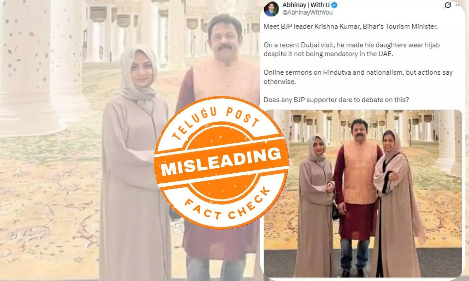 Screenshot of viral post falsely claiming Bihar tourism minister’s daughters wearing hijab in Dubai – fact check reveals Kerala BJP leader Krishna Kumar