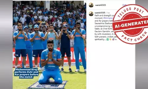 AI-generated image showing cricketer Mohammed Siraj offering namaz on a cricket ground in Rajkot, falsely shared on social media