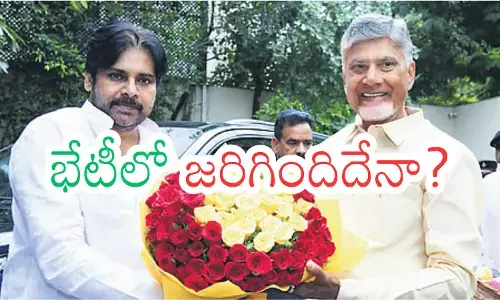 Chandrababu Naidu and Pawan Kalyan during a meeting over Andhra Pradesh Rajya Sabha seats and alliance seat-sharing discussions.