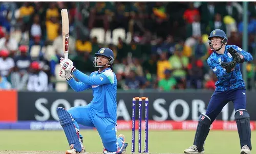 Vaibhav Suryavanshi celebrates after scoring a record-breaking century for India in the Under 19 World Cup match.