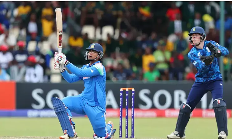 Vaibhav Suryavanshi celebrates after scoring a record-breaking century for India in the Under 19 World Cup match.