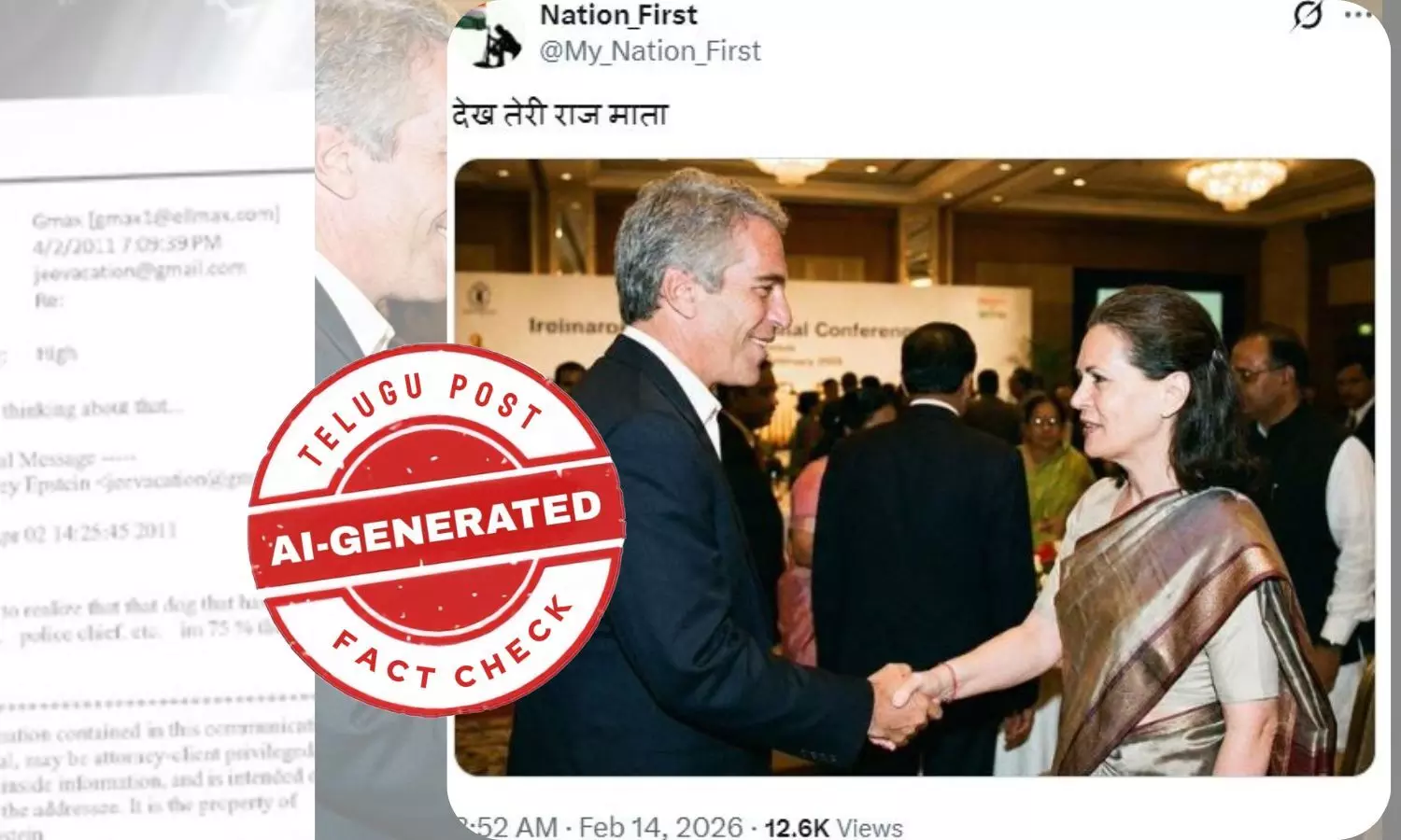 Screenshot of viral post claiming Sonia Gandhi shaking hands with Jeffrey Epstein – fact check reveals AI-generated image