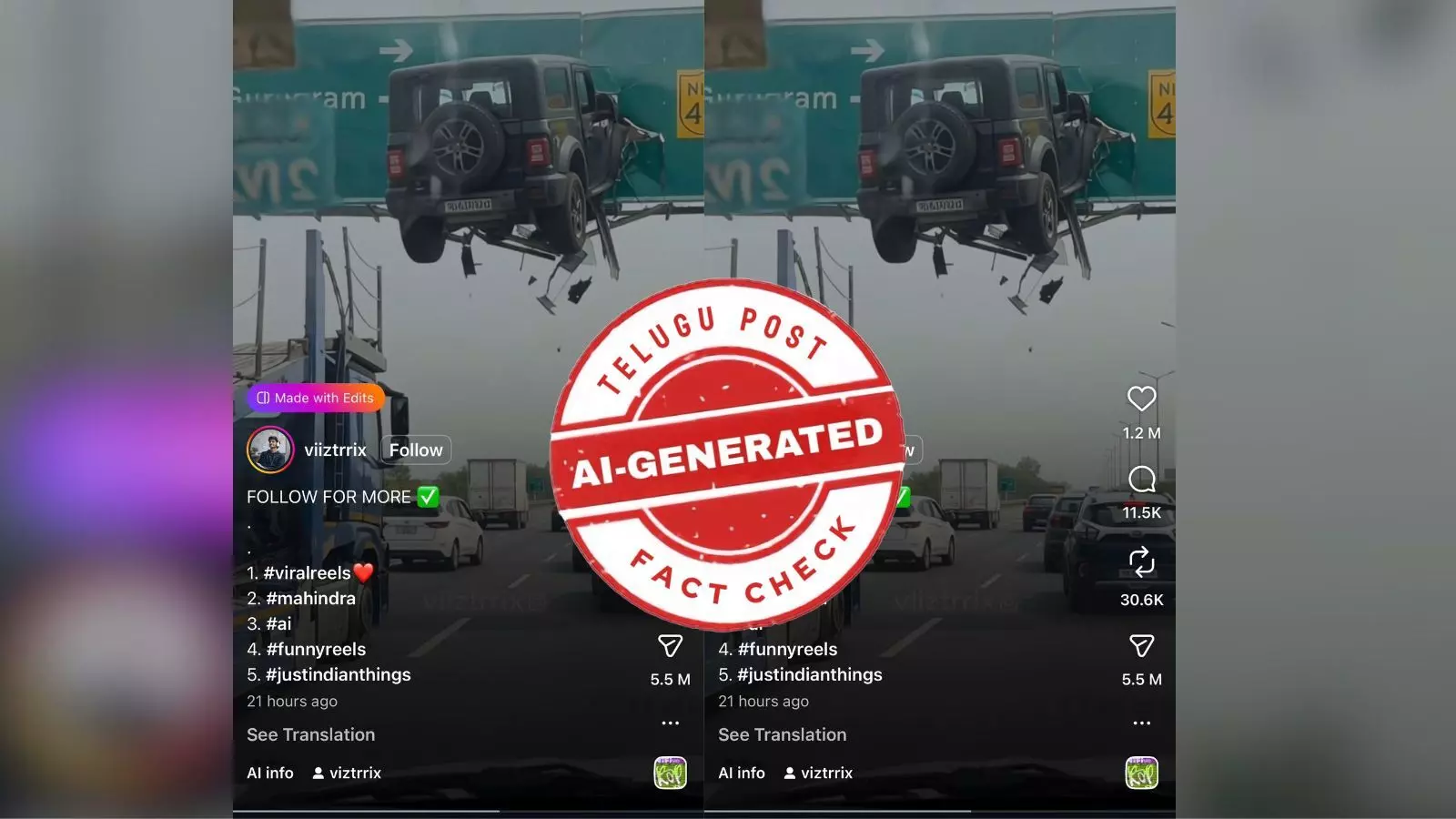 Fact Check: AI Video Falsely Shows Jeep Hanging on Delhi–Gurugram Expressway Fact Check: AI Video Falsely Shows Jeep Hanging on Delhi–Gurugram Expressway