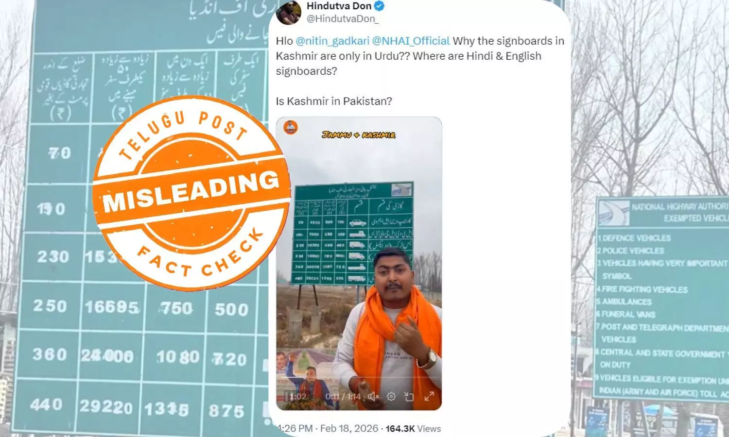 Screenshot of viral video claiming only Urdu signboards at Kaichkoot Toll Plaza in Jammu and Kashmir – fact check shows Hindi and English boards also installed