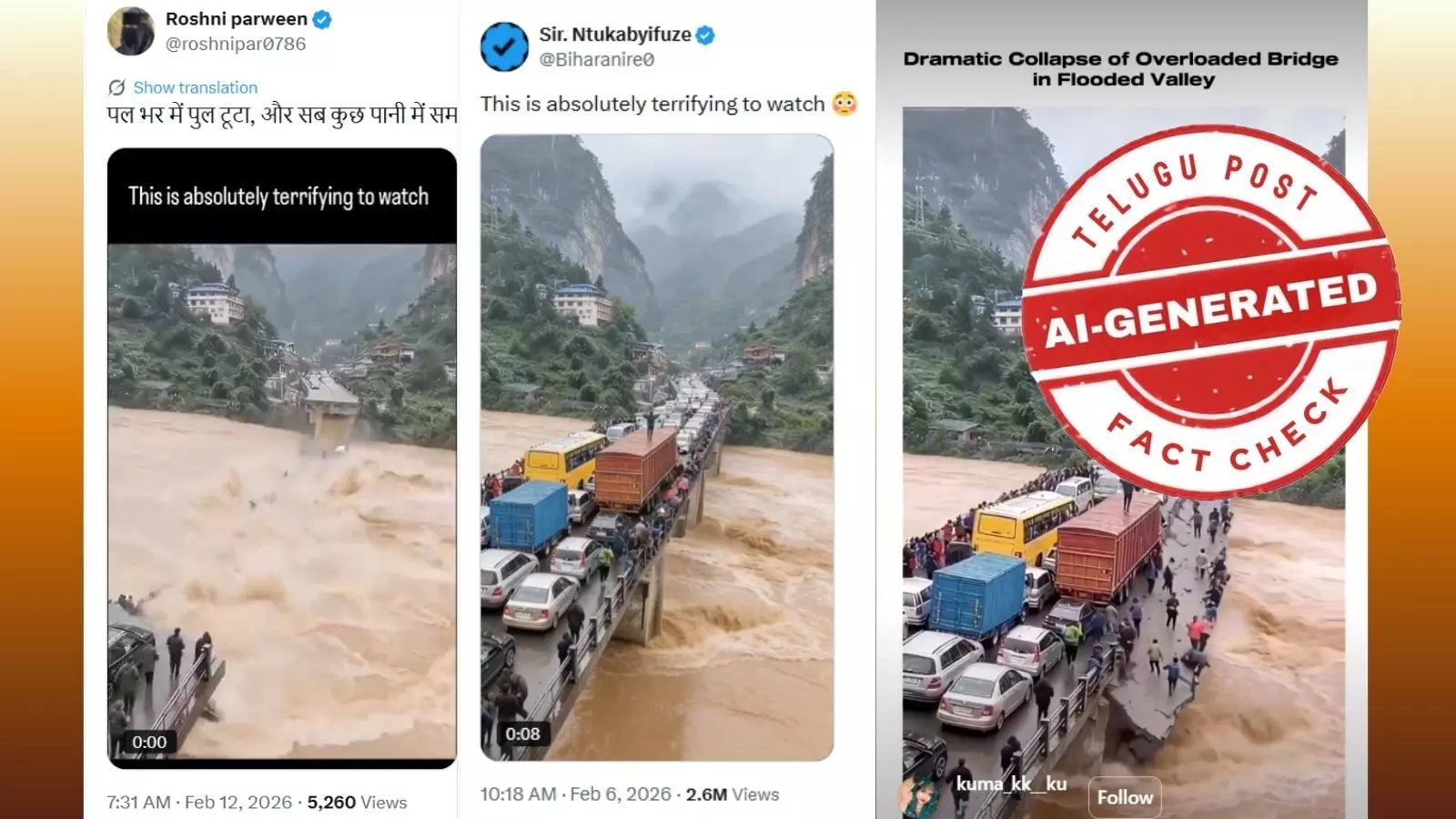 Screenshot of viral AI-generated video claiming bridge collapse in flooded valley – AI bridge collapse video fact check Screenshot of viral AI-generated video claiming bridge collapse in flooded valley – AI bridge collapse video fact check
