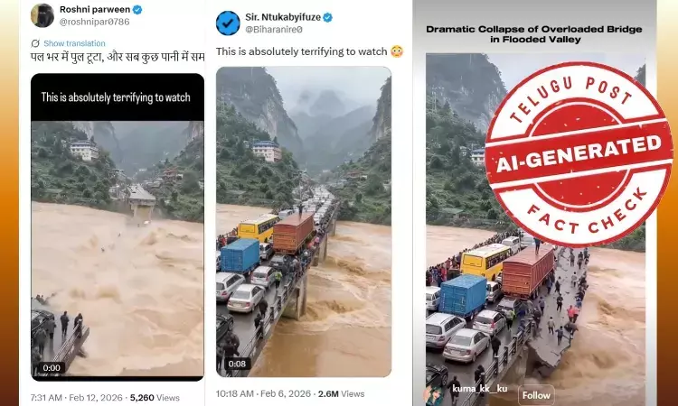 Screenshot of viral AI-generated video claiming bridge collapse in flooded valley – AI bridge collapse video fact check Screenshot of viral AI-generated video claiming bridge collapse in flooded valley – AI bridge collapse video fact check