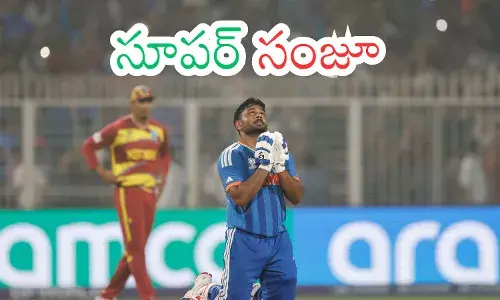 Sanju Samson celebrates after scoring 97 not out in the T20 World Cup 2026 match against West Indies at Eden Gardens. Sanju Samson celebrates after scoring 97 not out in the T20 World Cup 2026 match against West Indies at Eden Gardens.