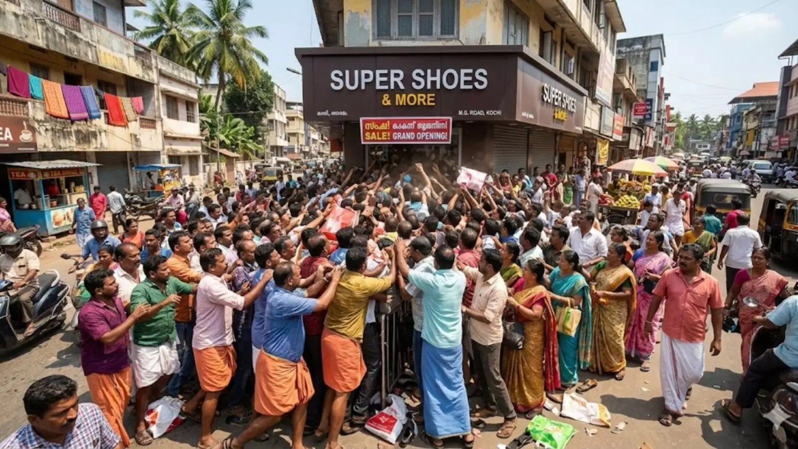 people flocked to the store with the announcement that they would offer branded shoes for just a rupee people flocked to the store with the announcement that they would offer branded shoes for just a rupee