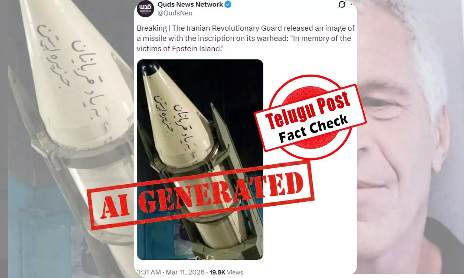 Edited image of Iran missile showing fake Persian text about Epstein victims – Iran missile Epstein claim fact check