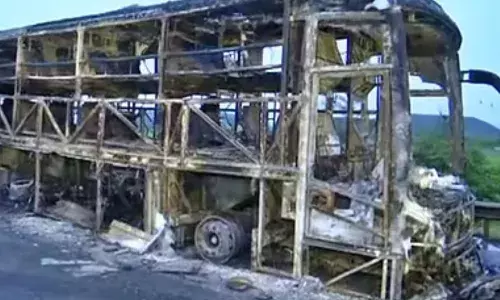 travel bus caught fire in vizianagaram district