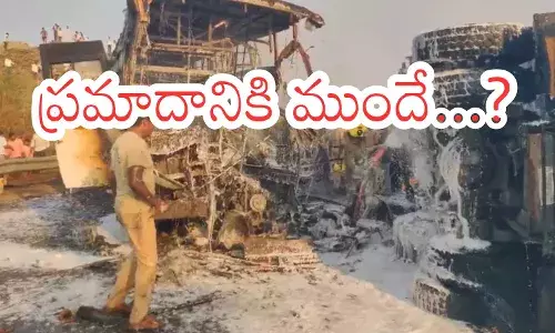 Damaged bus after Markapuram bus accident highlighting suspected mechanical failure and fire damage.