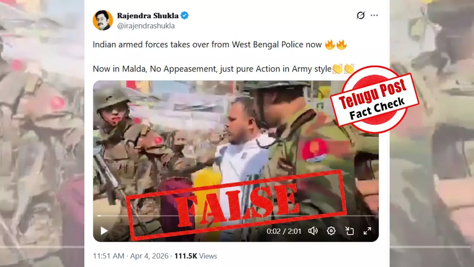 ഫാക്ട് ചെക്ക്: ബംഗാളിൽ കേന്ദ്ര സേന അക്രമികളെ അറസ്റ്റ് ചെയ്യുന്ന ദൃശ്യം? വസ്തുത അറിയാം ഫാക്ട് ചെക്ക്: ബംഗാളിൽ കേന്ദ്ര സേന അക്രമികളെ അറസ്റ്റ് ചെയ്യുന്ന ദൃശ്യം? വസ്തുത അറിയാം