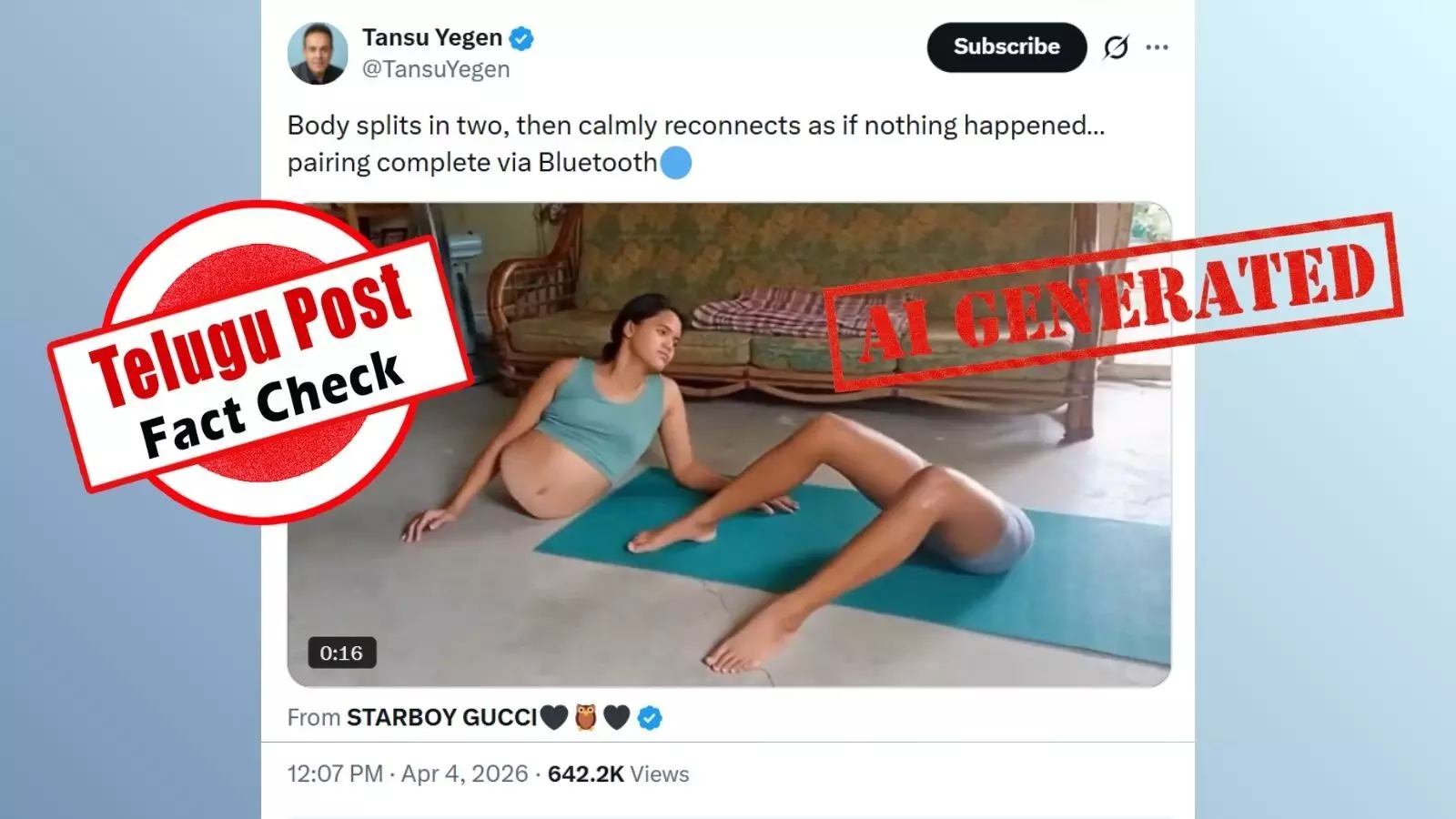 Screenshot of viral video showing a woman’s body split into two parts with a Bluetooth pairing message – AI-generated video fact check